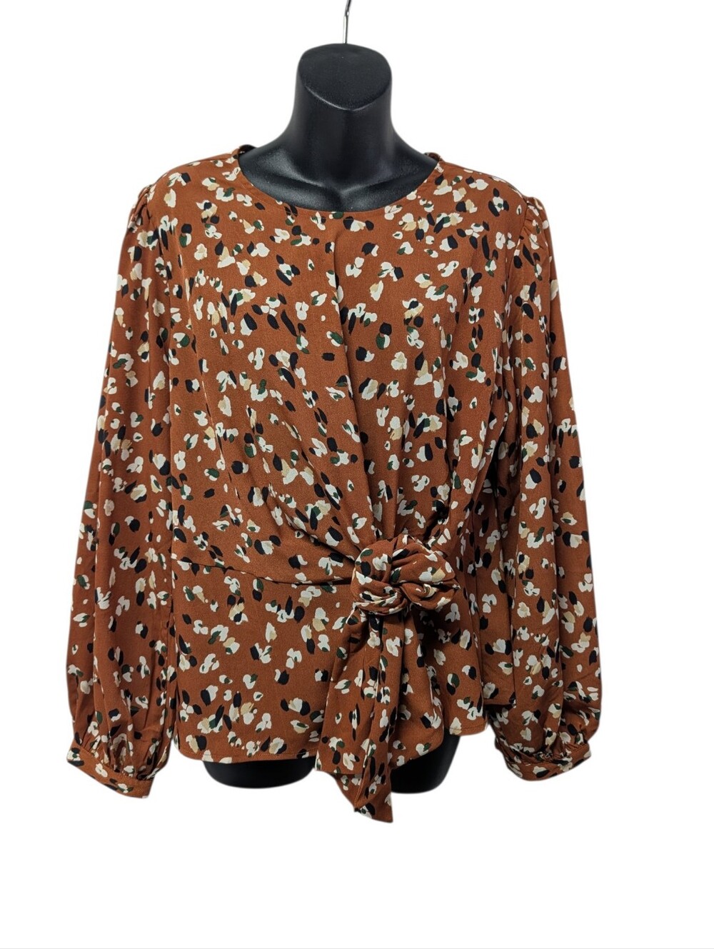 mittoshop Women's Floral Chiffon Tie Front Puff Long Sleeve Blouse Size M